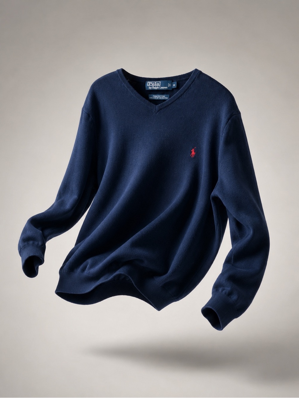 Ralph Lauren Navy V-Neck Cotton Sweater with Red Pony